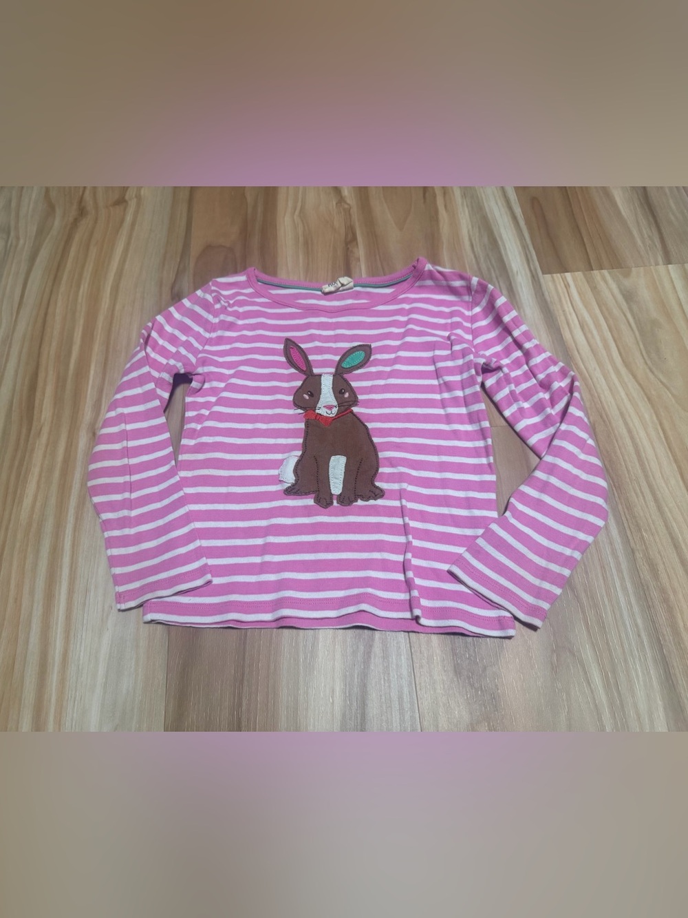 Mini Boden Pink and White Striped Long-Sleeve Top with Bunny Patch